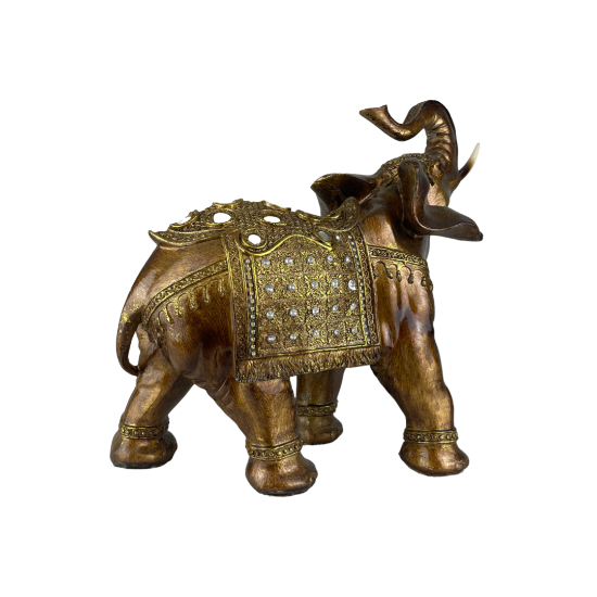 Снимка на Слон дървесен цвят керамичен със златно наметало