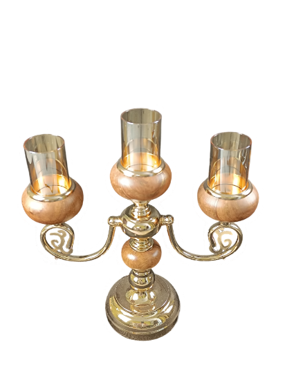 Снимка на Свещник тройка златен с дървен пръстенметал със стъкло