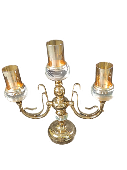 Снимка на Свещник тройка златен с стъклен пръстен метал със стъкло