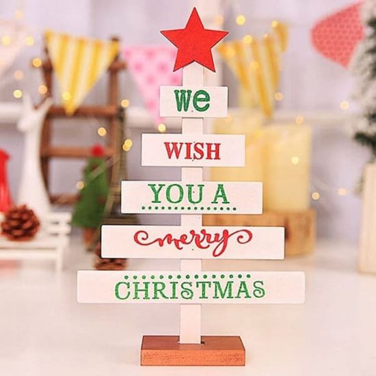 Снимка на Коледна дървена елха с надписи 28 см