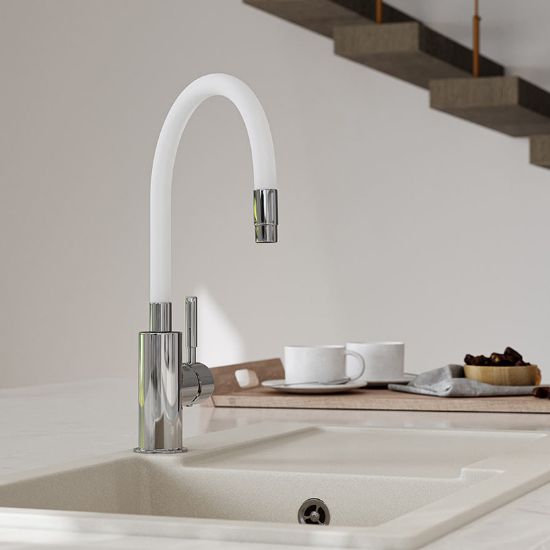 Снимка на Стоящ смесител за кухня с гъвкав PVC бял чучур Zumba FERRO